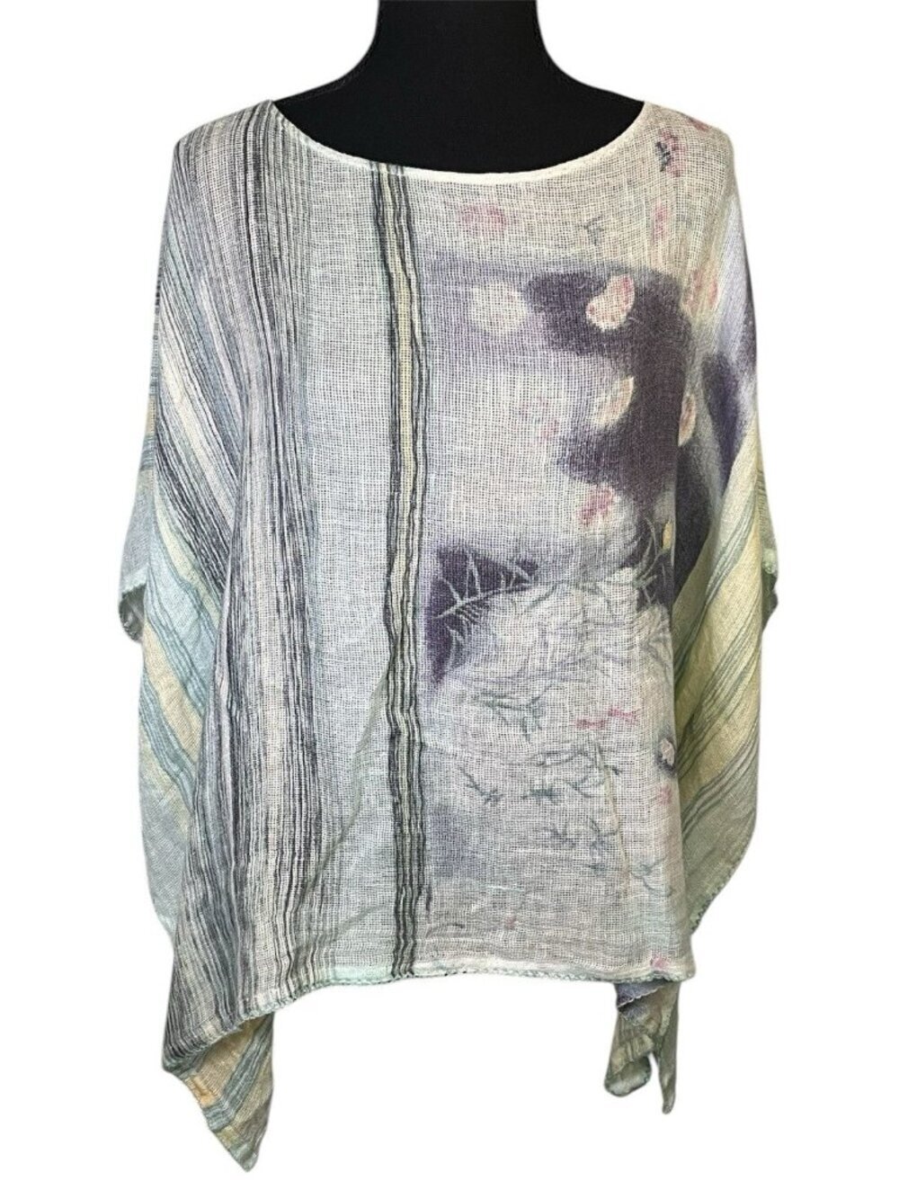 Pure Jill Kimono 100% Linen Top Shirt OS Watercolor Lagenlook Art to Wear Pastel - Picture 2 of 9